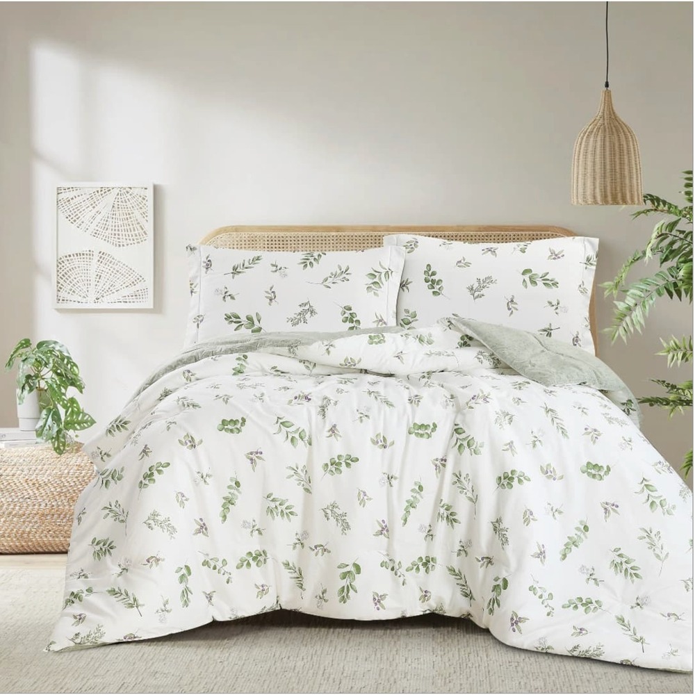 Annari‎ Green Floral 100% Cotton Reversible Comforter Set King 3 Piece